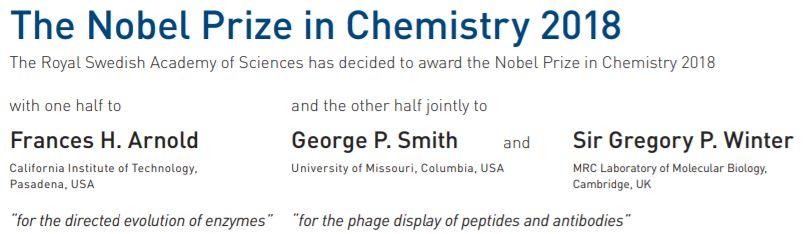 2018年诺贝尔化学奖揭晓！得主为Arnold，Smith，Winter！