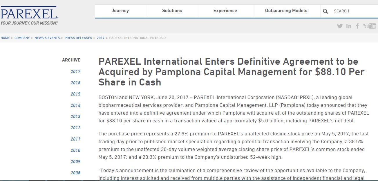 Pamplona计划以50亿美金收购Parexel，将之私有化！