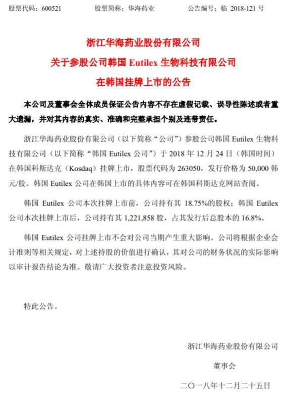 祝贺华海！精准布局 参股公司韩国Eutilex成功上市！