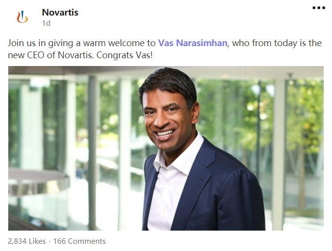 热烈祝贺诺华新任CEO Vas Narasimhan医学博士履新！