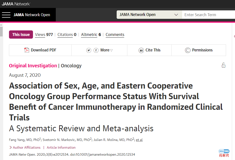 性别、年龄、身体状况是否影响PD-1治疗效果？《JAMA》超20000人研究给出最新答案