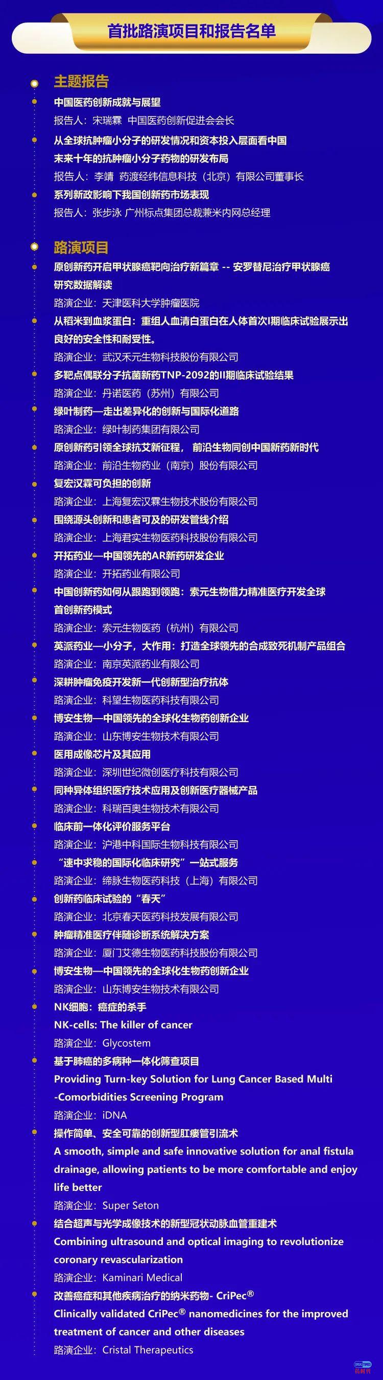 第五届中国医药创新与投资大会首批路演名单出炉
