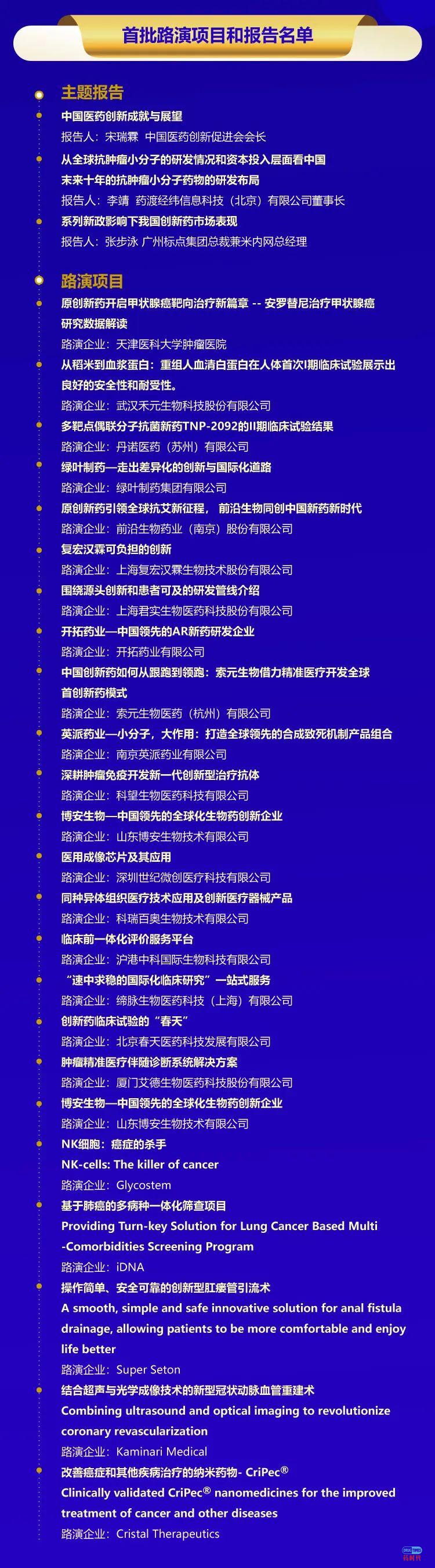 第五届中国医药创新与投资大会首批路演名单出炉