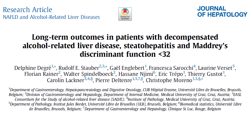 J Hepatol：Maddrey评分<32分且病理提示存在脂肪性肝炎的酒精性肝病患者长期预后特点