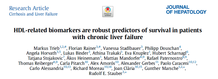 J Hepatol：高密度脂蛋白相关的生物标志物是慢性肝衰竭患者生存时间的可靠预测因素