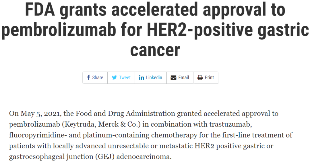 FDA加速批准了帕博利珠单抗联合曲妥珠单抗和化疗治疗HER2阳性胃癌患者
