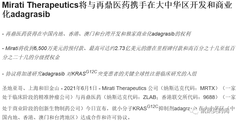再鼎3亿美元引进adagrasib，非FIC的KRAS抑制剂为啥这么值钱？