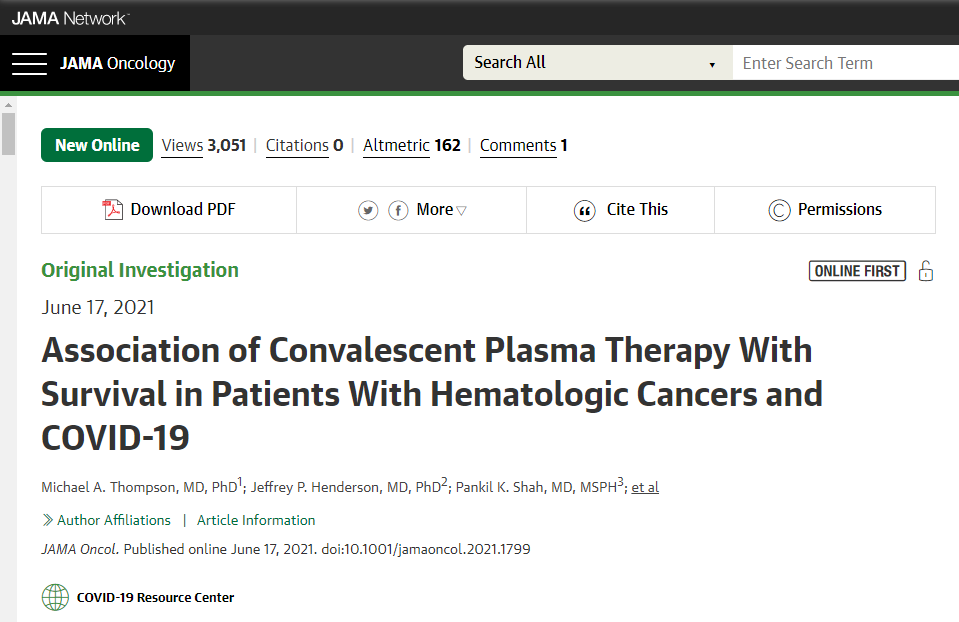 迄今为止最大规模研究：癌症患者感染新冠，血浆疗法有用吗？《JAMA Oncology》重磅