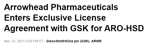 10亿美元：GSK引进Arrowhead的NASH RNAi疗法