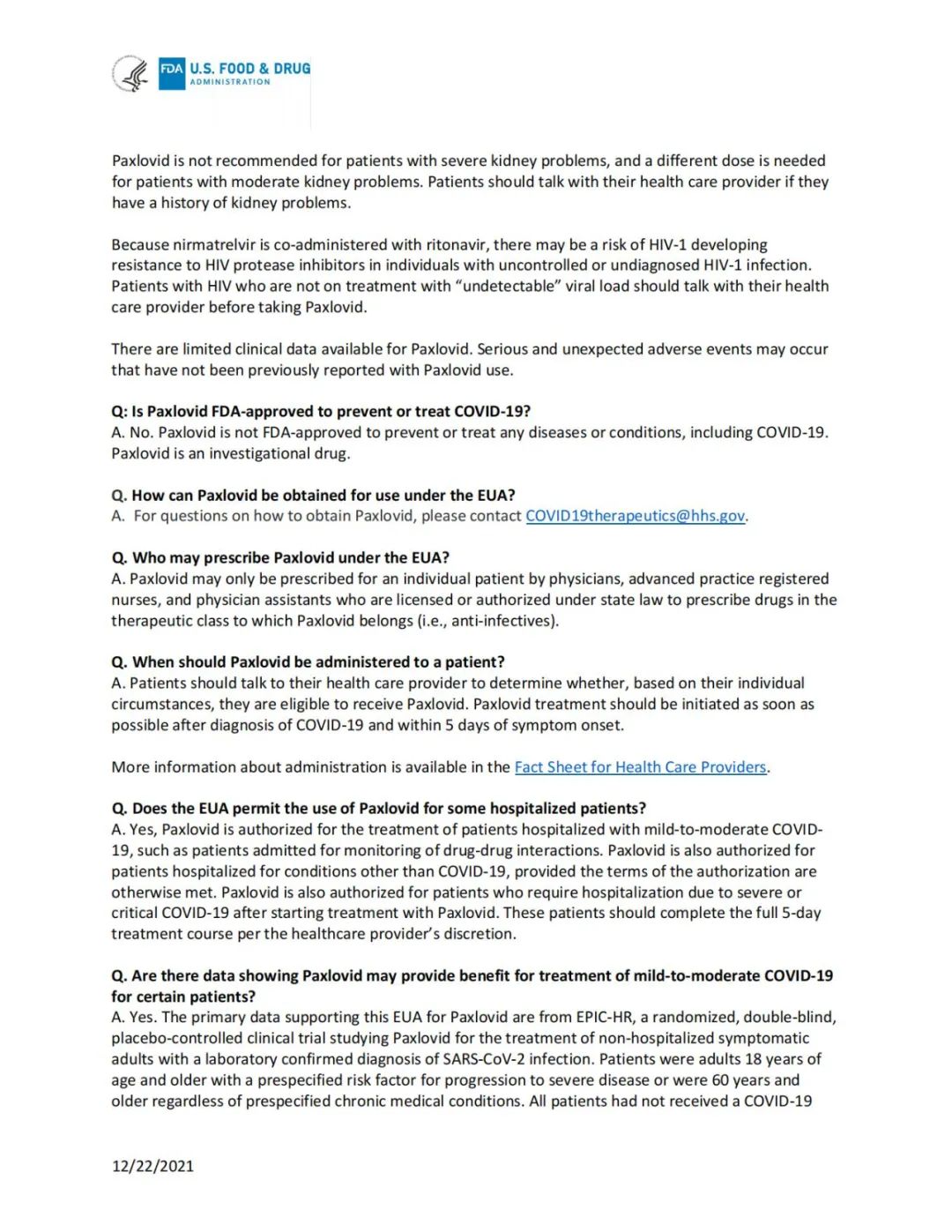 一文读懂辉瑞新冠口服药Paxlovid之紧急使用授权函（EUA Letter）和Q&A