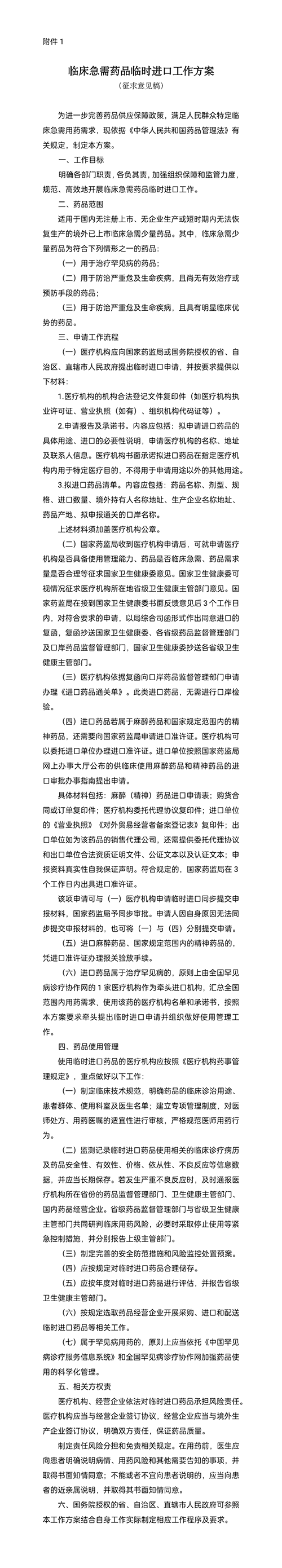 关于就《临床急需药品临时进口工作方案》和《氯巴占临时进口工作方案》公开征求意见的公告