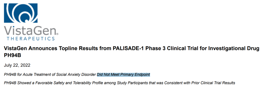“社恐”治疗药物3期临床效果不佳，VistaGen股价暴跌85%