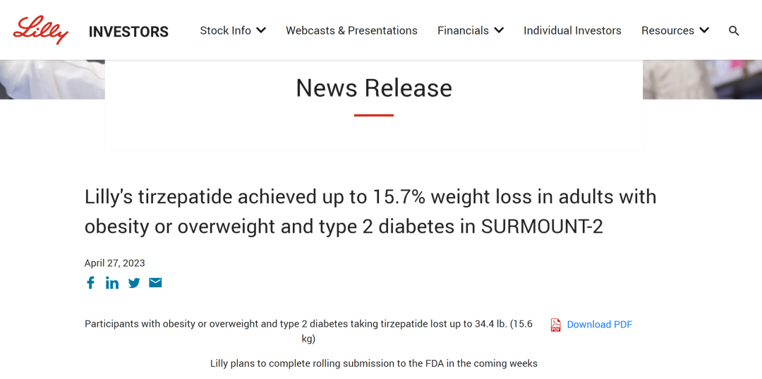 减重15.7%！tirzepatide最新3期临床结果公布，礼来将向FDA滚动提交「肥胖适应症」上市申请