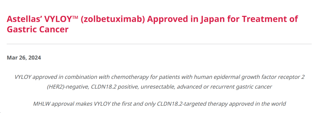 全球首款！安斯泰来 CLDN18.2 单抗获批上市