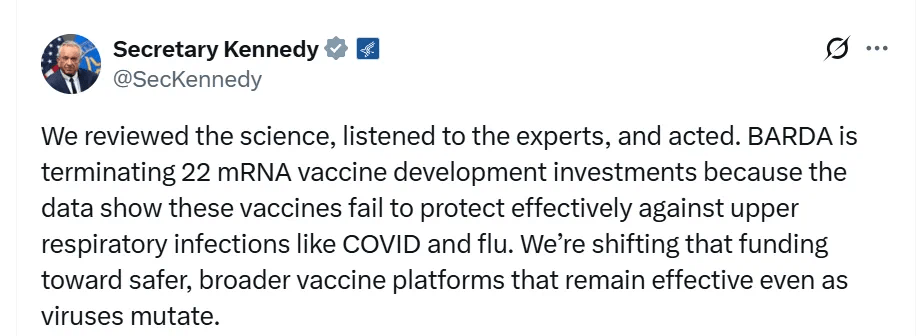 Has the mRNA Vaccine Era Collapsed? Kennedy Announces Cancellation of Funding for 22 mRNA Vaccine Projects