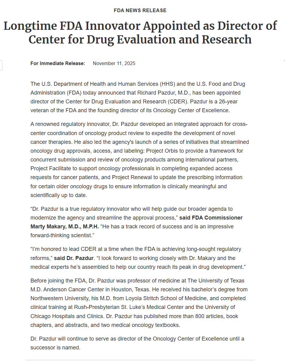 【突发新闻】FDA宣布Richard Pazdur即刻接任CDER主任！