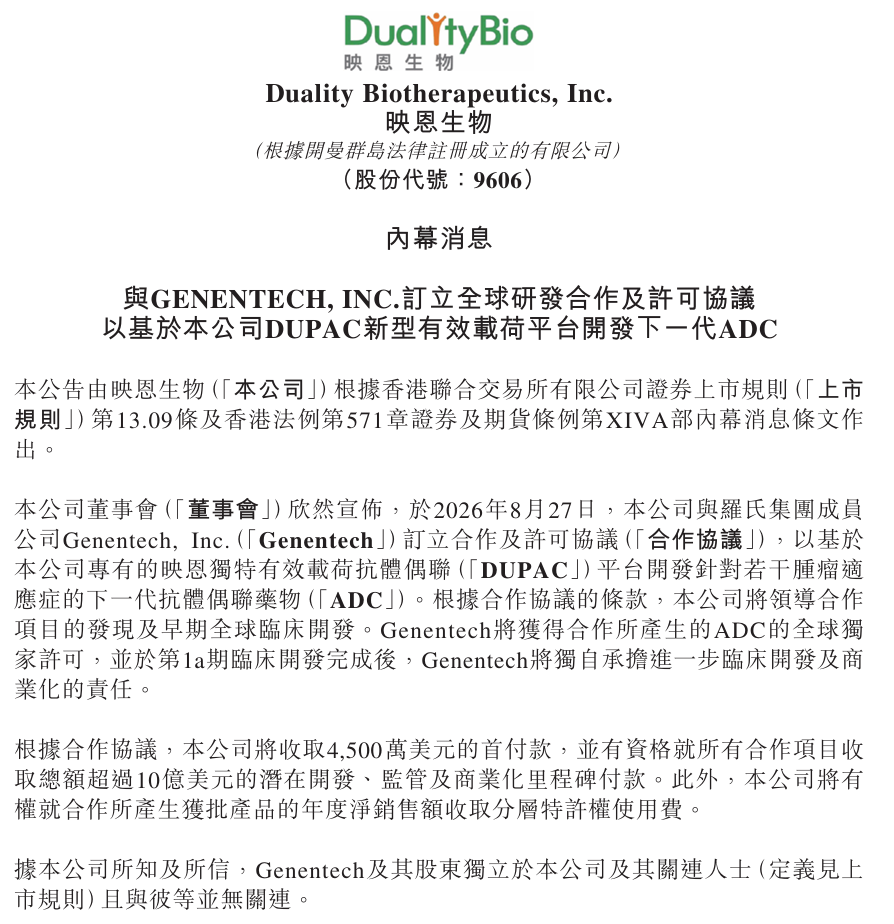 超10亿美元!映恩生物与罗氏达成ADC平台合作
